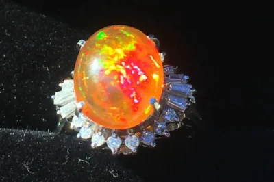 Fire Opal and Diamond Halo Ring
